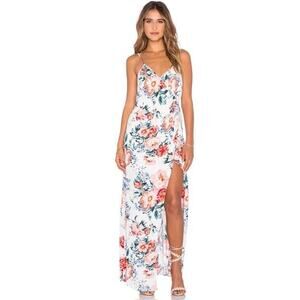 MINKPINK White Red Wrap Dress Little Blooms Floral Maxi V Neck Slit Womens Sz M